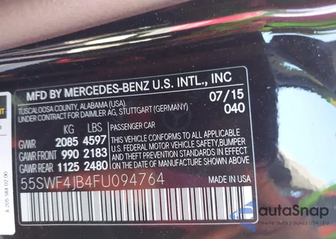 2015 Mercedes-Benz C 300 из США, поврежденный, VIN 55SWF4JB4FU094764